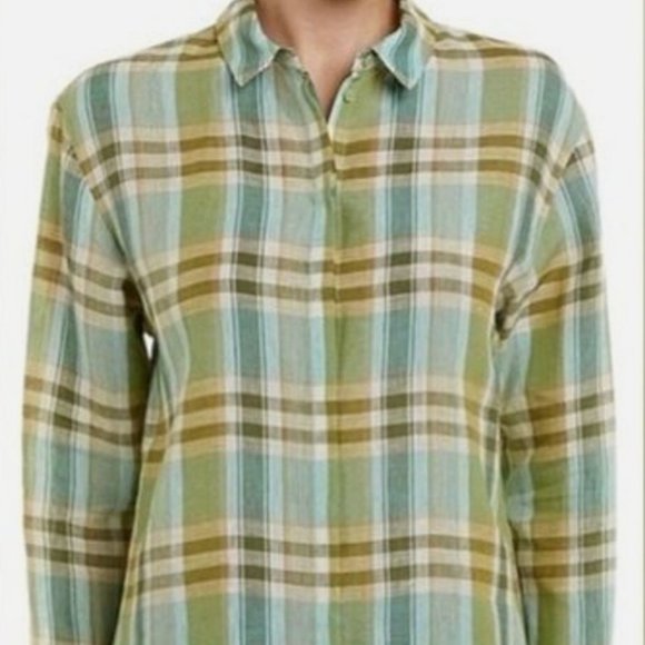 Lafayette 148 Sabira Linen Button-down Blouse‎ in Plaid, Size XL - Picture 1 of 6